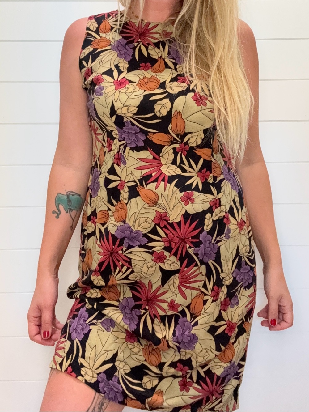 Vintage Sag Harbor Black Floral Sleeveless Dress with Gold Purple & Rust Accents